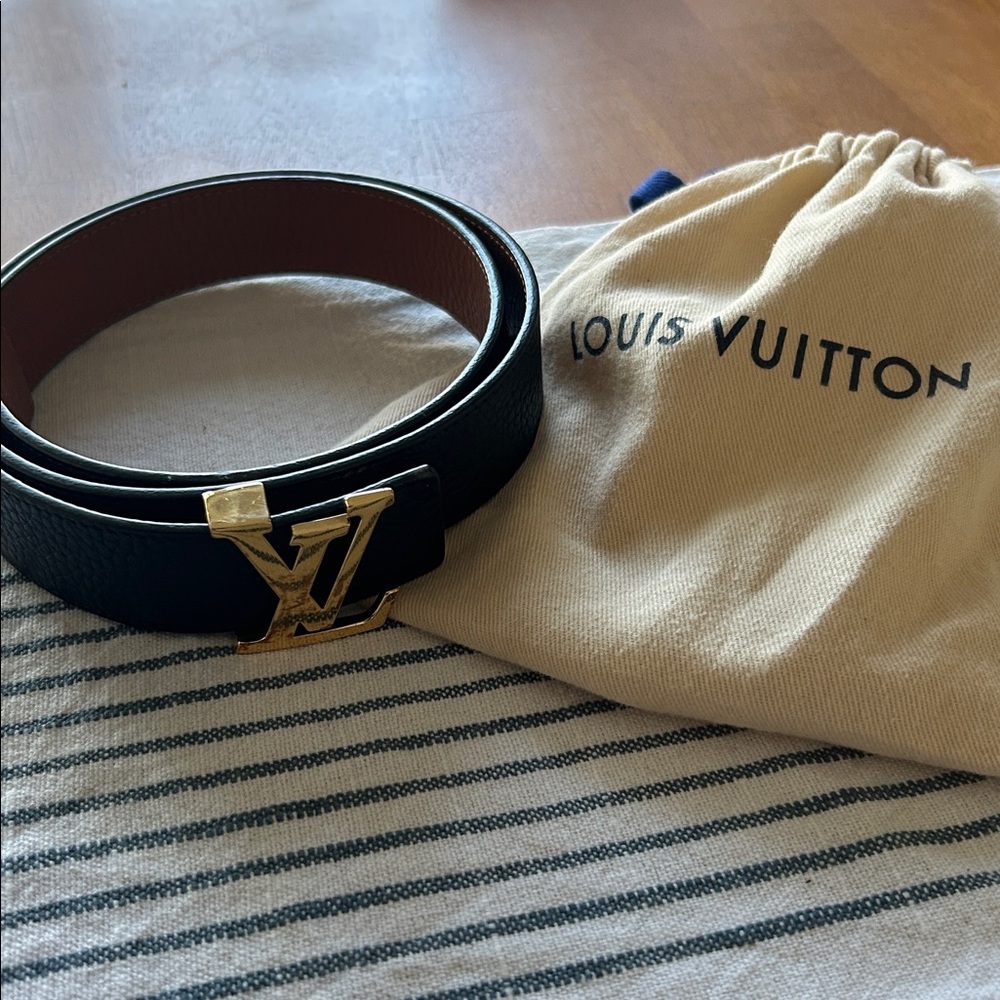 Louis Vuitton Black | Tan Reversible Belt with Gold Buckle